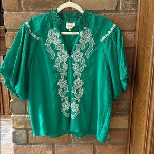 Umgee Teal Blouse with White Embroidery